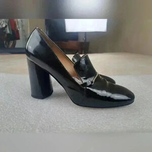 LEWIT Amara Black Patent Leather Metal Bar Block Heel Pump Size 40.5(9.5)